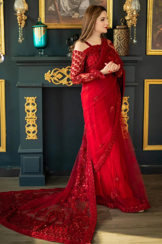 Red Soft Net Wedding Saree with Handmade Blouse