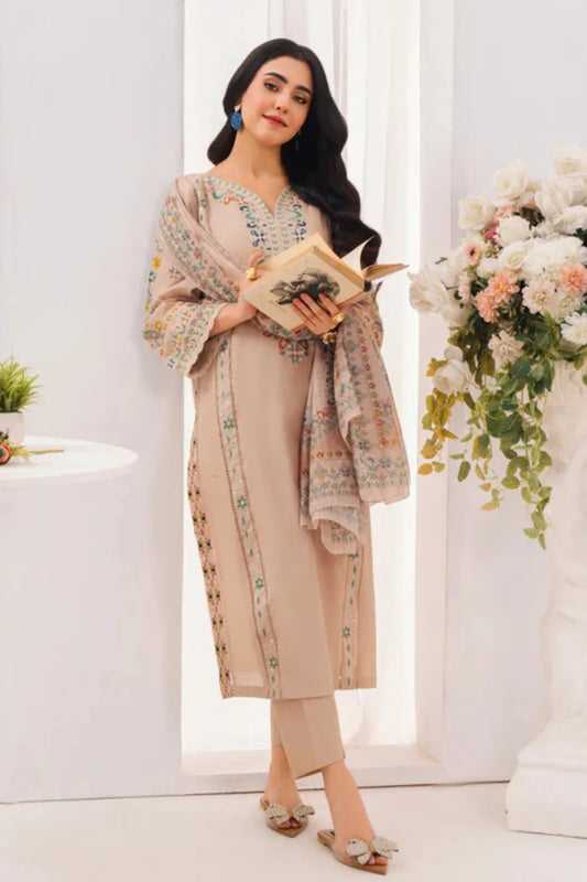 Beige Embroidered Winter Kurta Set with Dupatta
