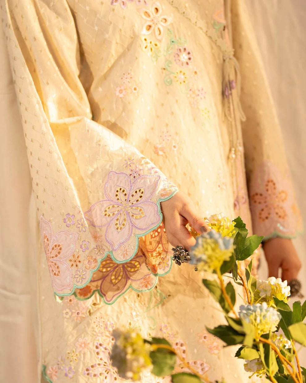 Pastel Yellow Pure Cotton Embroidered Suit with Cutwork Details