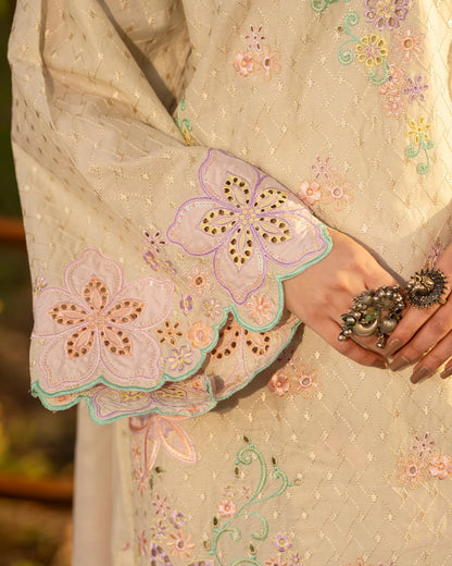 Pastel Yellow Pure Cotton Embroidered Suit with Cutwork Details