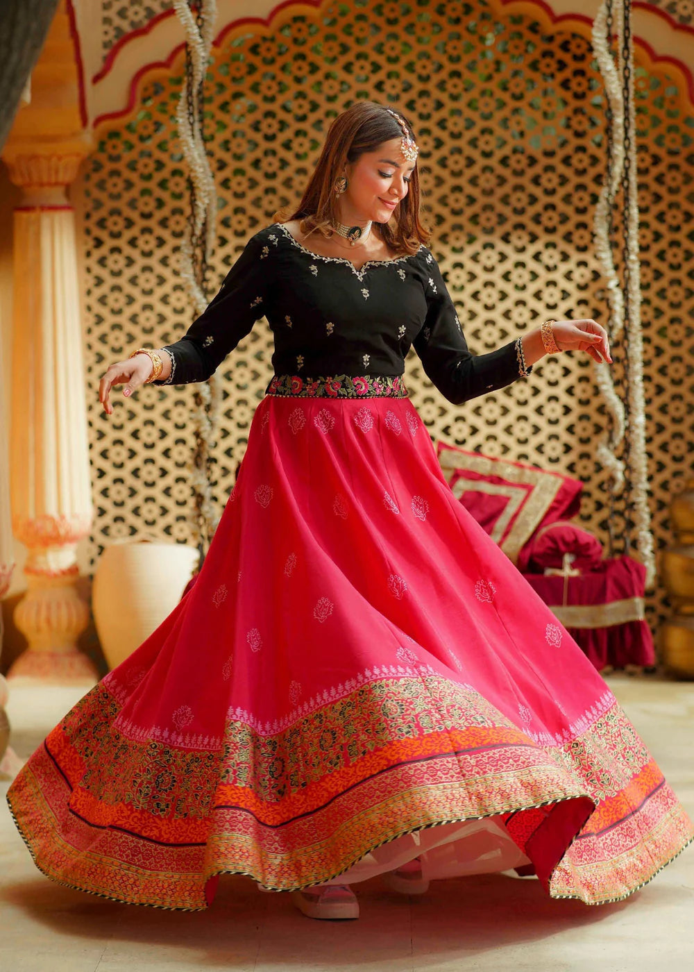 Hot Pink Raw Silk Lehenga Choli