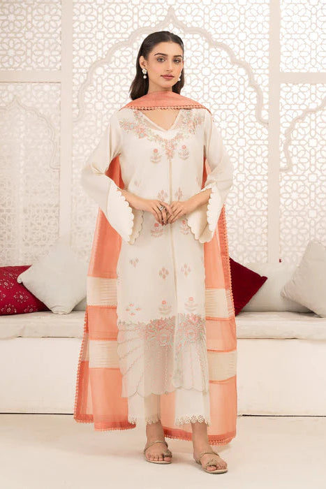 Ivory Front Open-Style Lawn Embroidered Suit with Organza Patchwork