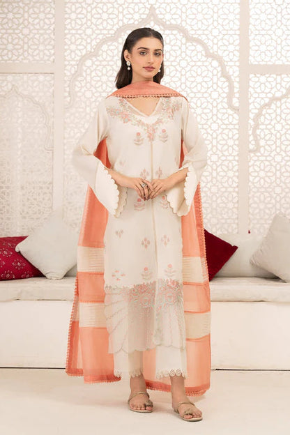 Ivory Front Open-Style Lawn Embroidered Suit with Organza Patchwork