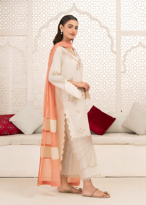 Ivory Front Open-Style Lawn Embroidered Suit with Organza Patchwork