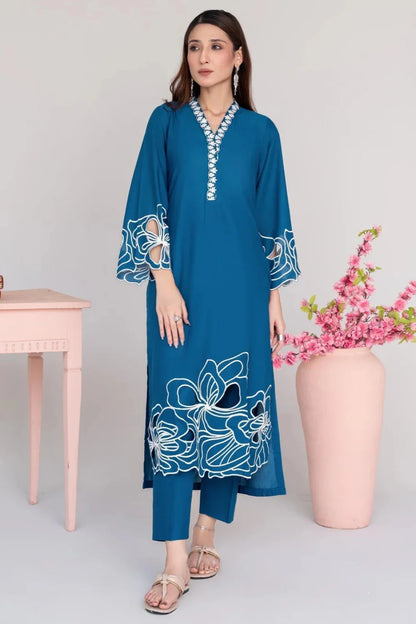 Blue Embroidered Khaddar Winter Kurta Set