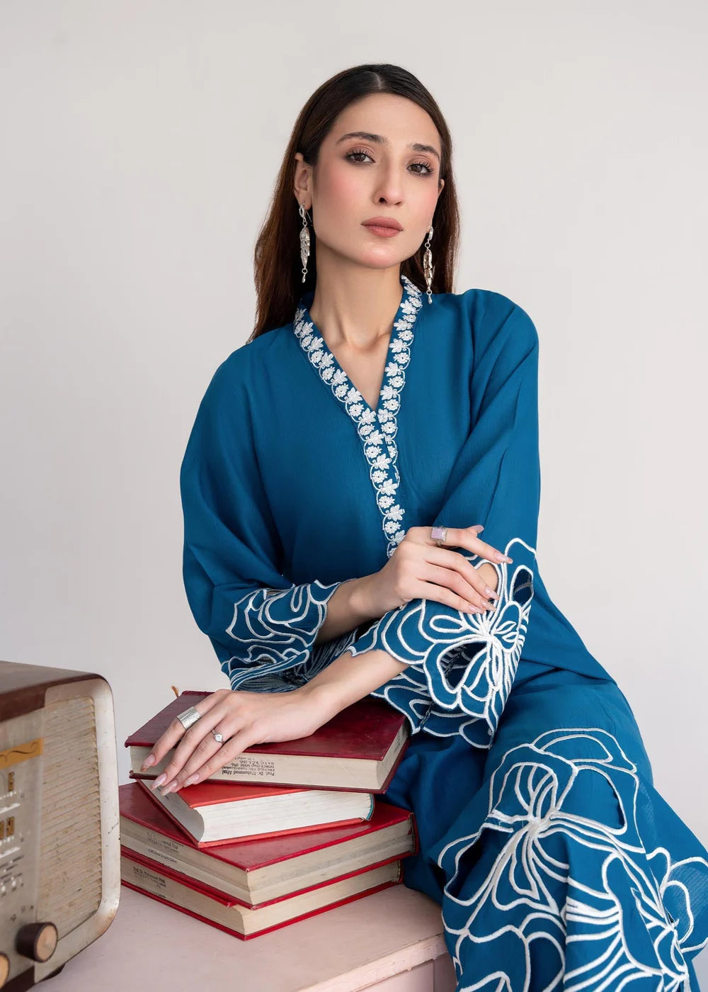 Blue Embroidered Khaddar Winter Kurta Set