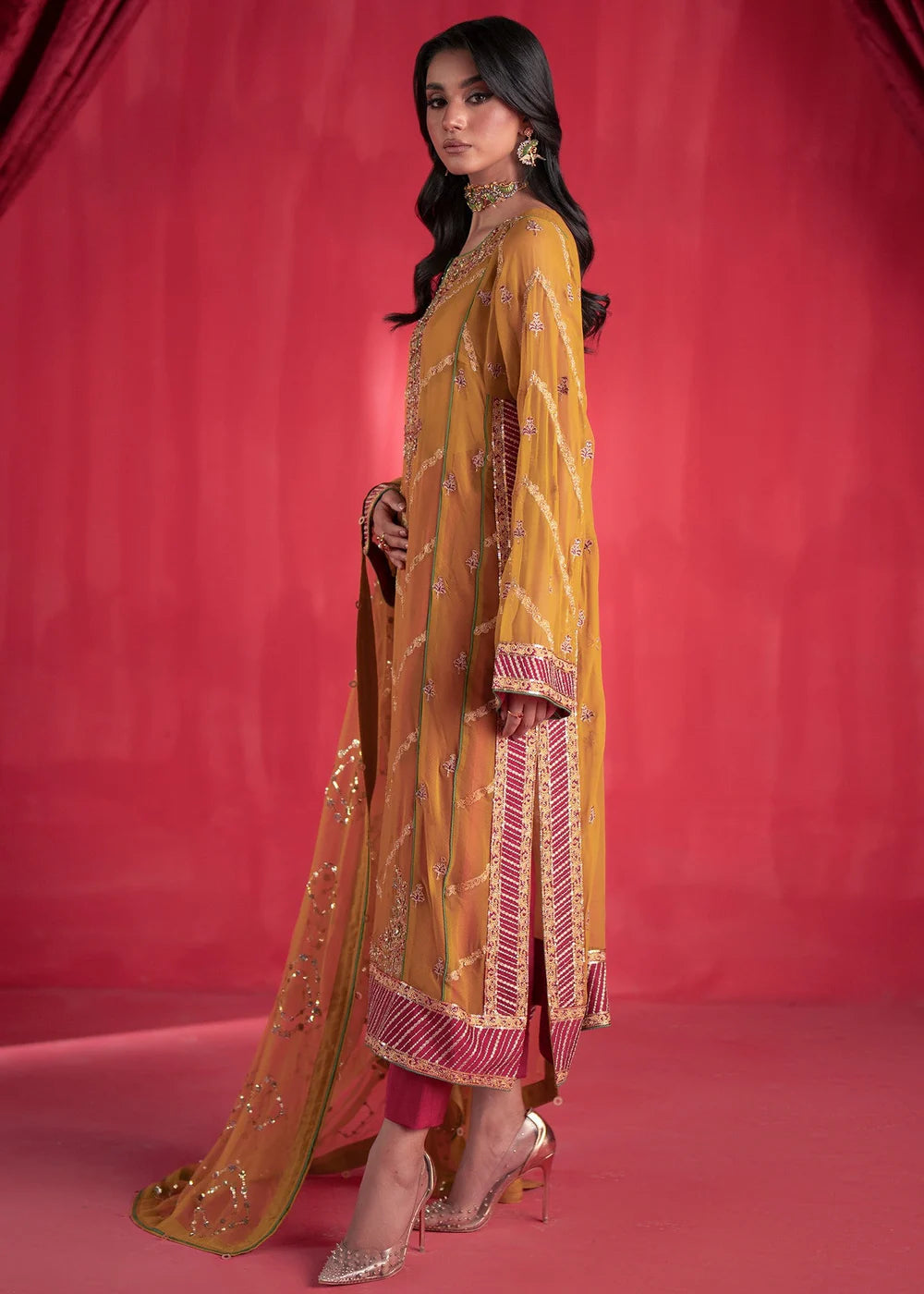 Mustard Chiffon Embroidered Suit