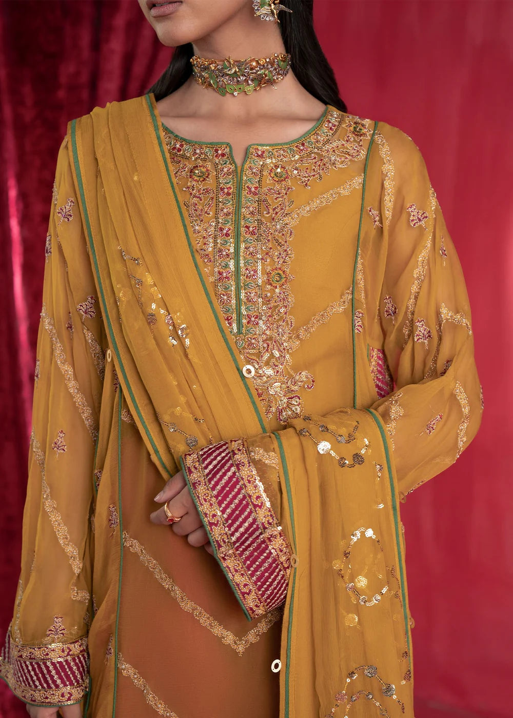 Mustard Chiffon Embroidered Suit