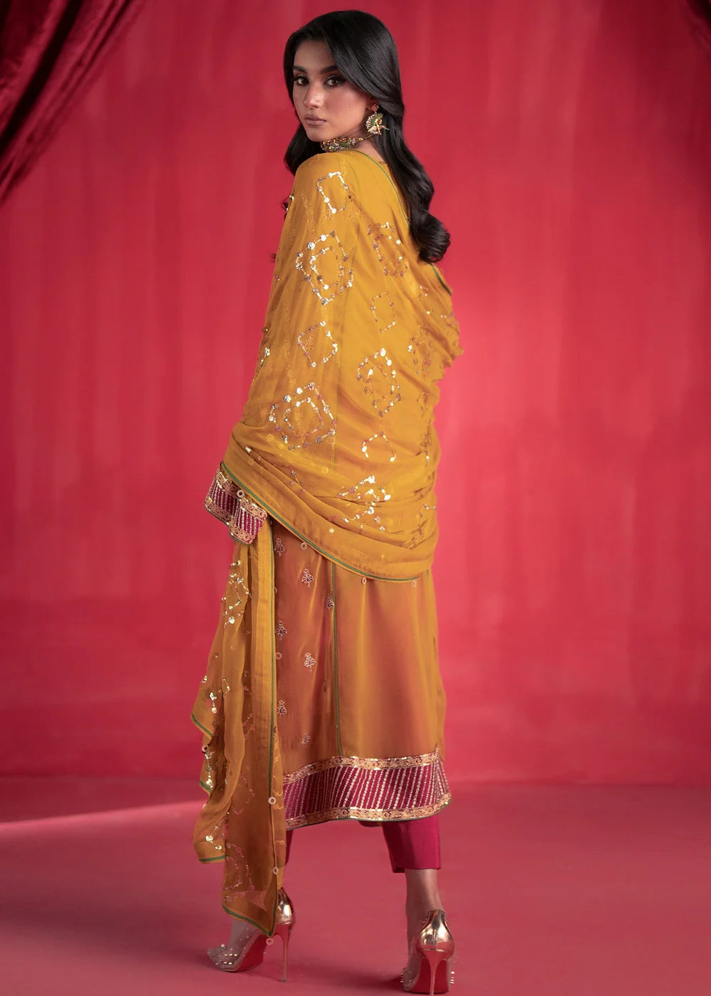 Mustard Chiffon Embroidered Suit