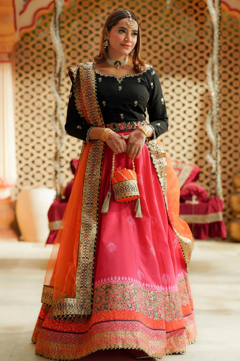 Hot Pink Raw Silk Lehenga Choli