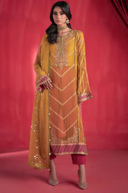 Mustard Chiffon Embroidered Suit