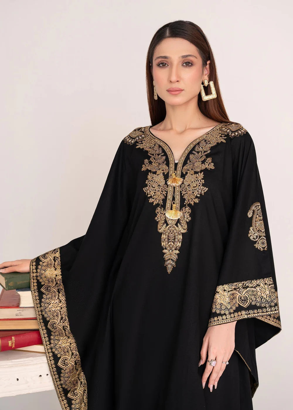 Black Embroidered Lawn Kaftan