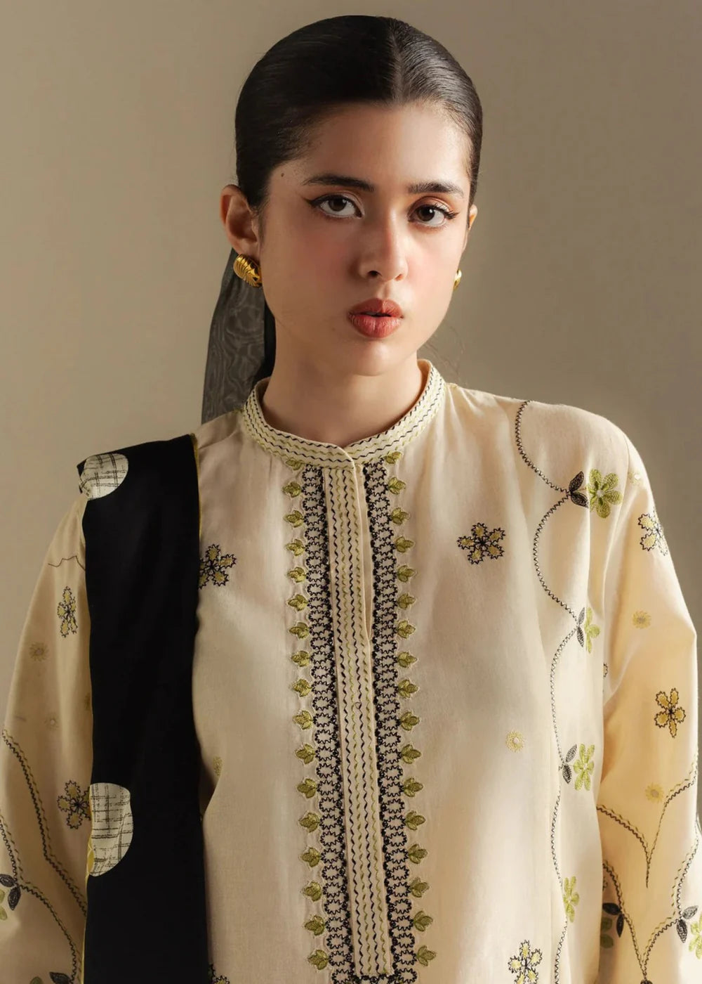 Beige Linen Embroidered Kurta Set with Dupatta