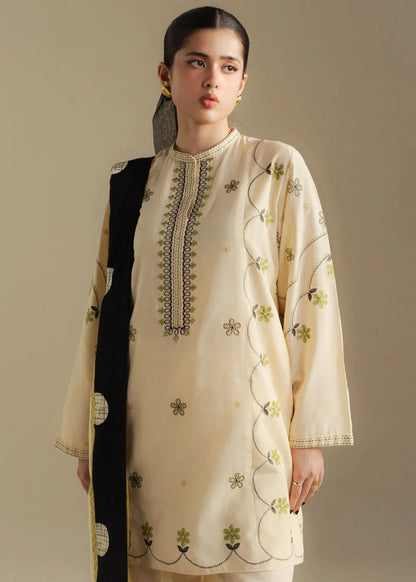 Beige Linen Embroidered Kurta Set with Dupatta