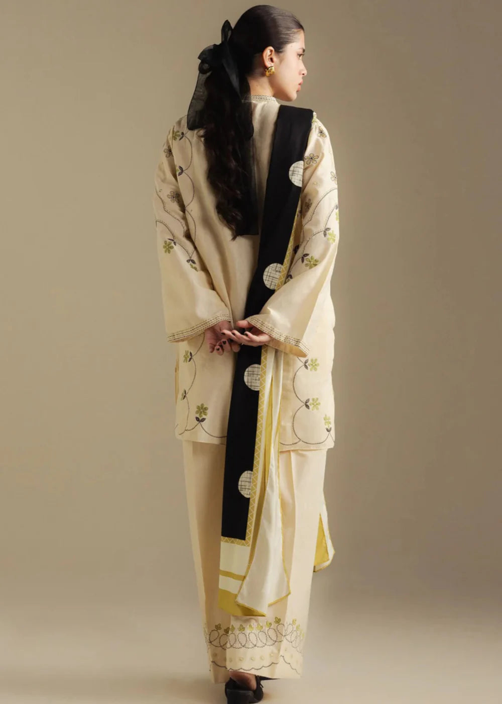 Beige Linen Embroidered Kurta Set with Dupatta