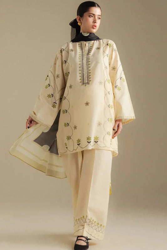 Beige Linen Embroidered Kurta Set with Dupatta
