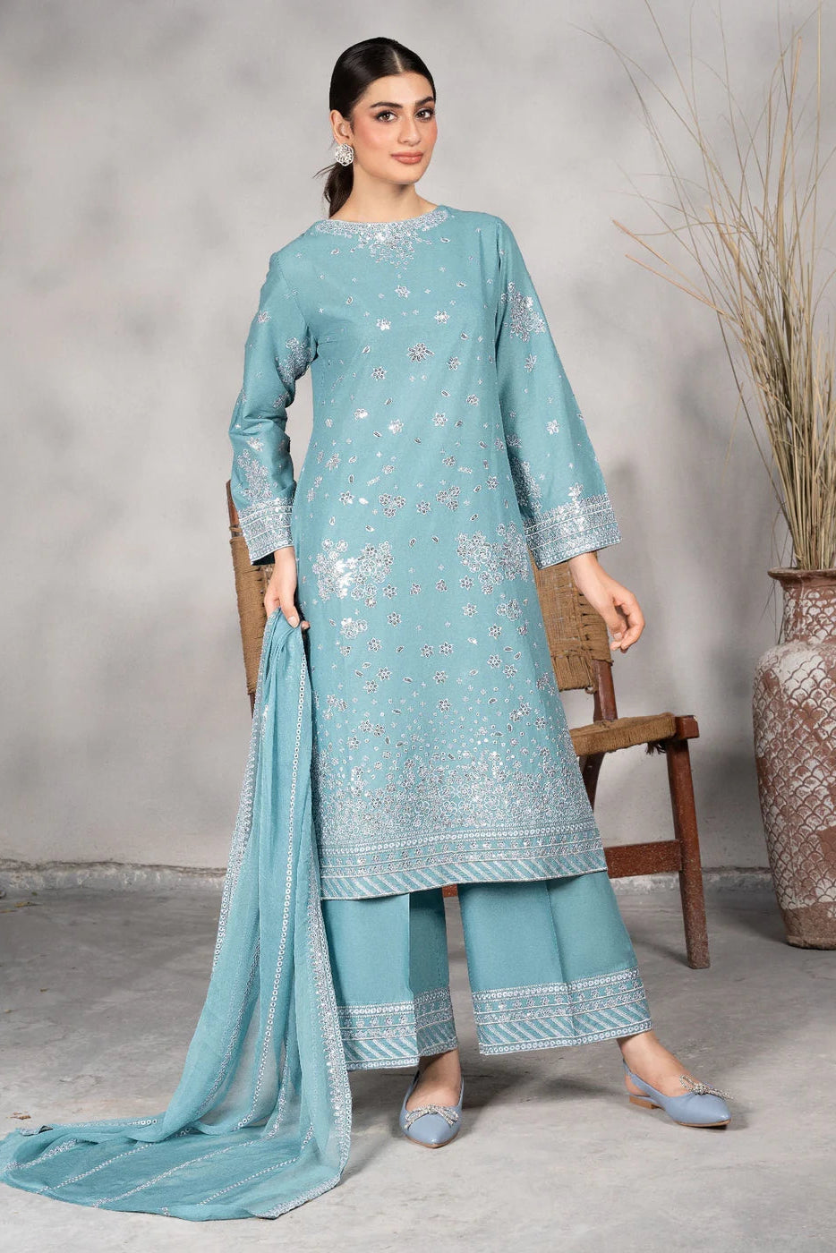Powder Blue Sequins Embroidered Lawn Suit
