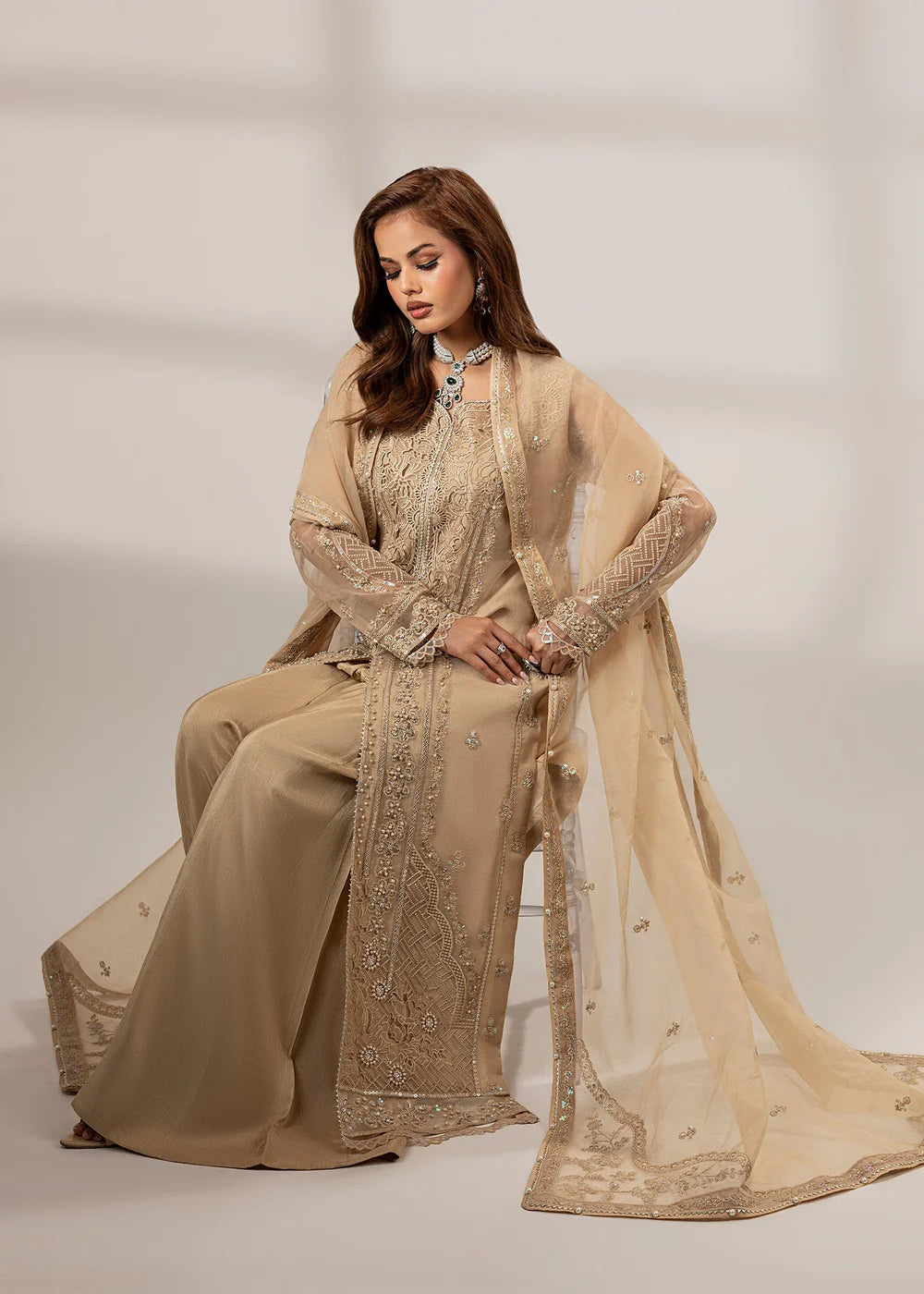 Tan Brown Front Open Style Organza Suit