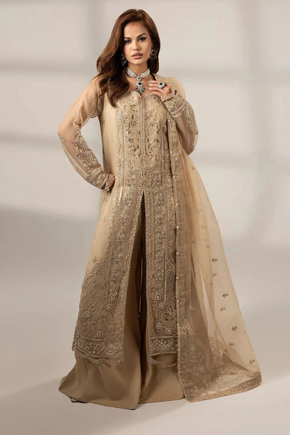 Tan Brown Front Open Style Organza Suit