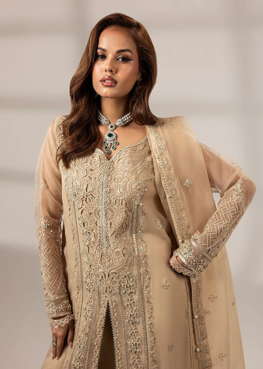 Tan Brown Front Open Style Organza Suit