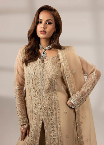 Tan Brown Front Open Style Organza Suit