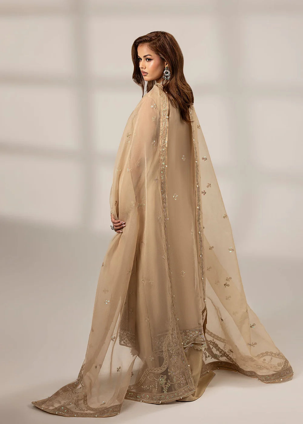 Tan Brown Front Open Style Organza Suit