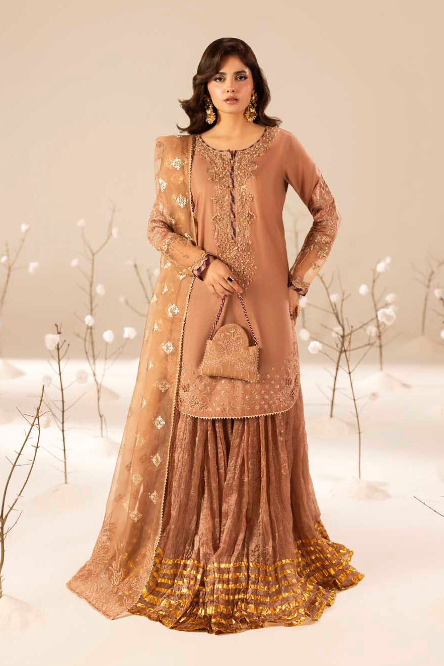 Tea Rose Pink Hand Embellished Suit with Crushed Silk Sharara