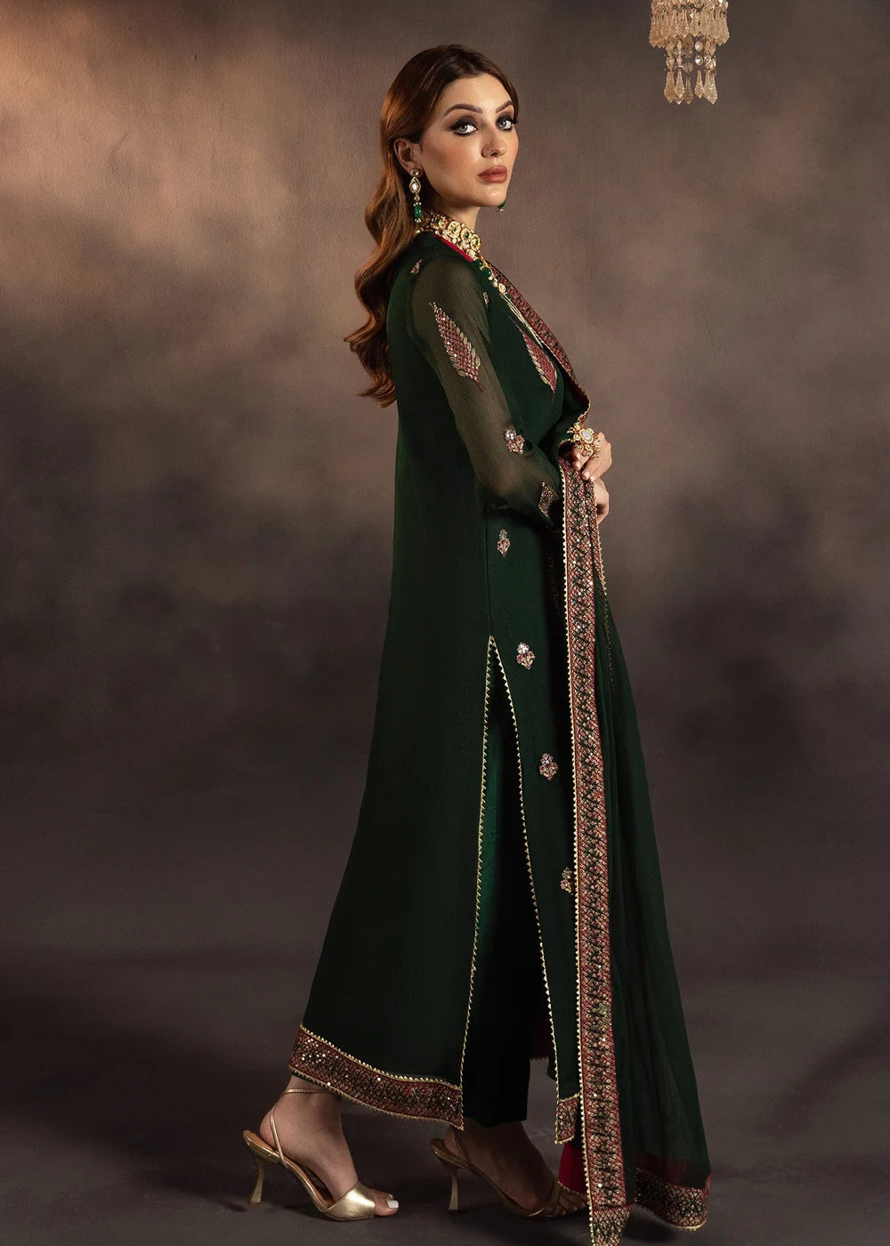 Green Chiffon Embroidered Suit with Long Kurta