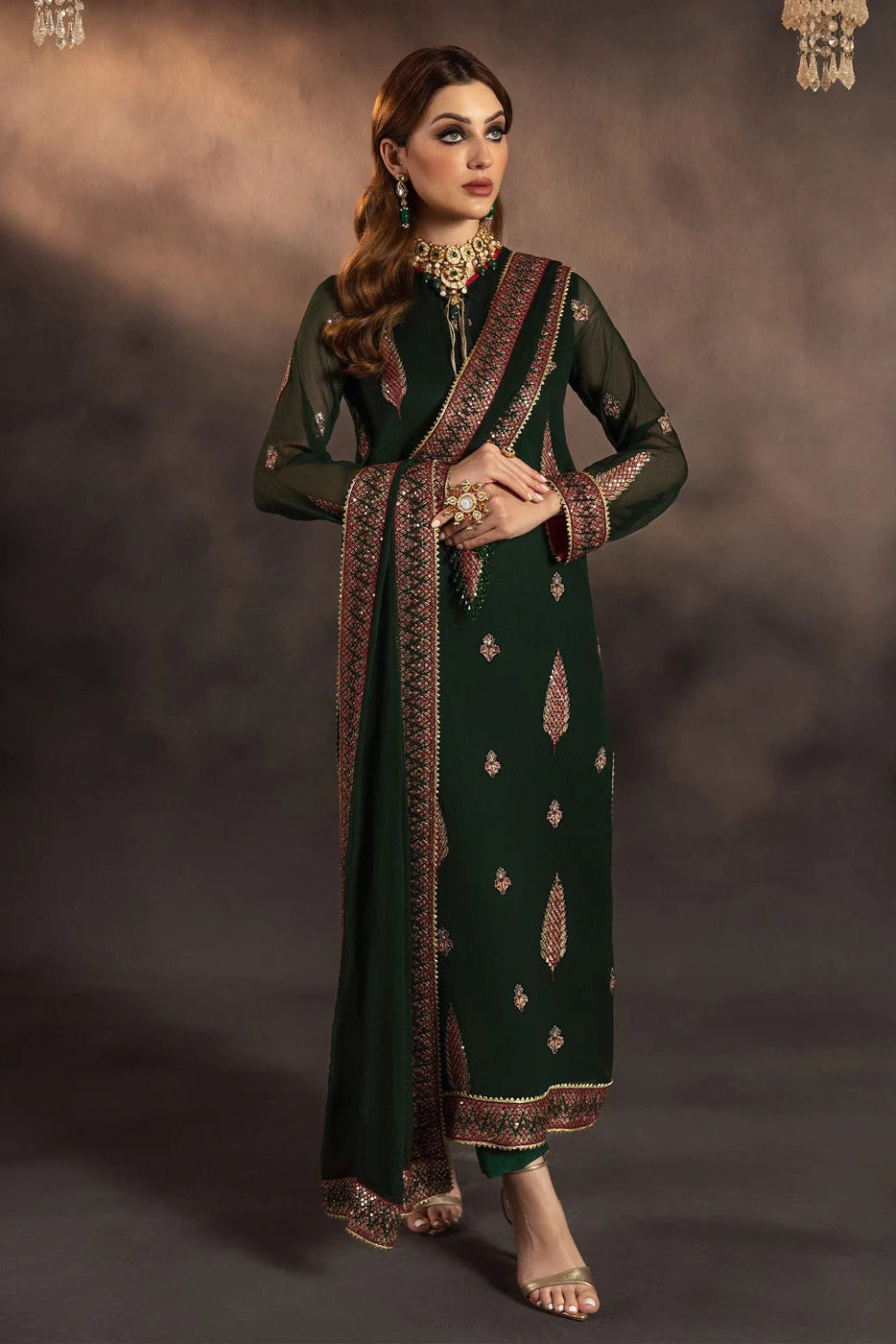 Green Chiffon Embroidered Suit with Long Kurta