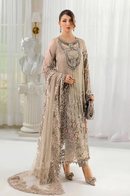 Chiffon Partywear Suit with 3D Work & Handmade Neckline