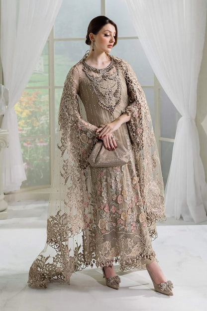 Chiffon Partywear Suit with 3D Work & Handmade Neckline