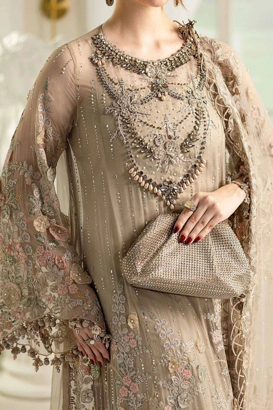 Chiffon Partywear Suit with 3D Work & Handmade Neckline