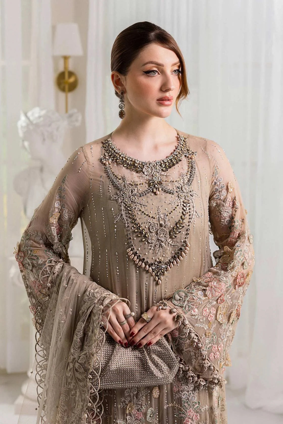 Chiffon Partywear Suit with 3D Work & Handmade Neckline