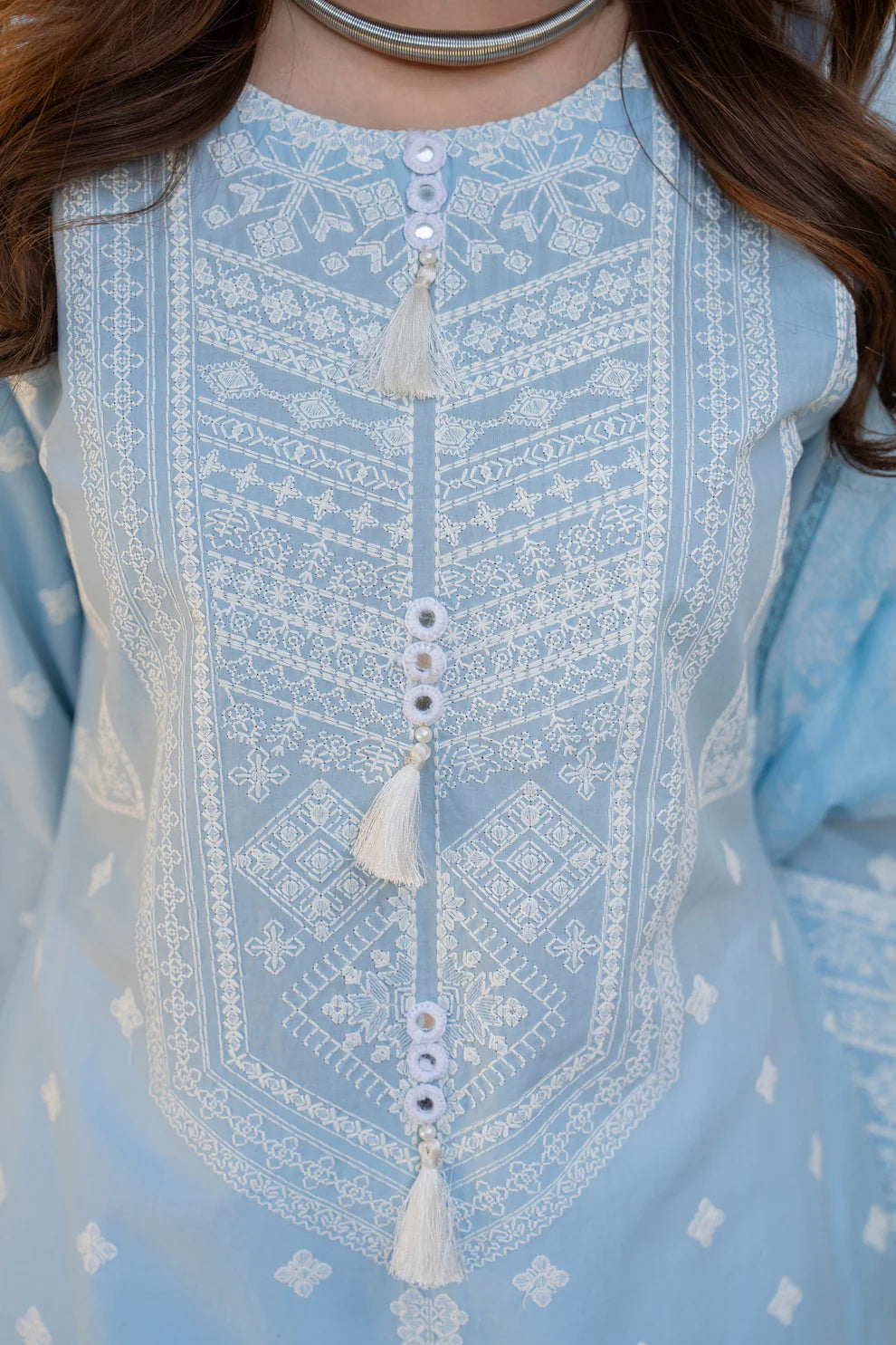 Cloud Blue Pure Cotton Suit with Matte Thread Work