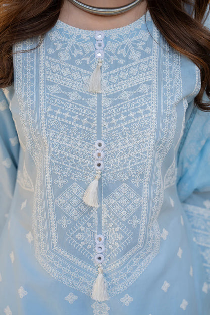 Cloud Blue Pure Cotton Suit with Matte Thread Work