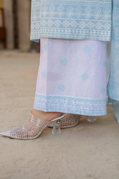 Cloud Blue Pure Cotton Suit with Matte Thread Work