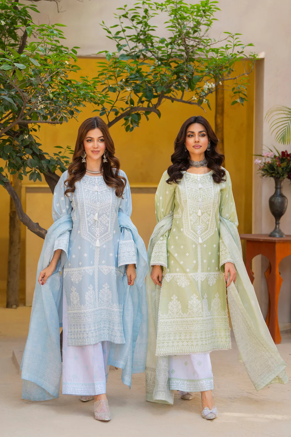 Cloud Blue Pure Cotton Suit with Matte Thread Work