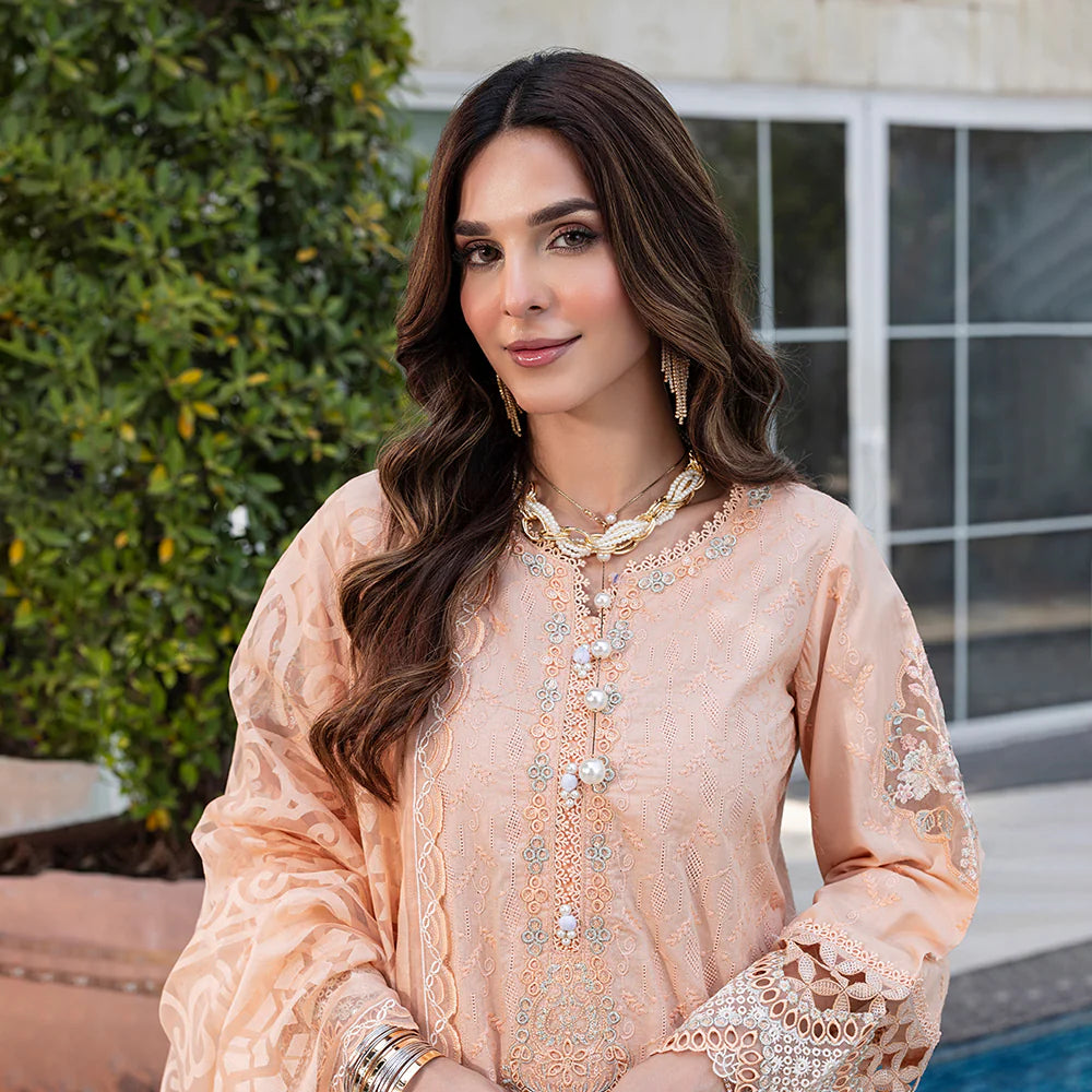 Peach Pure Cotton Schiffli Embroidered Farshi Shalwar Suit