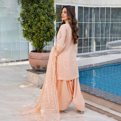 Peach Pure Cotton Schiffli Embroidered Farshi Shalwar Suit