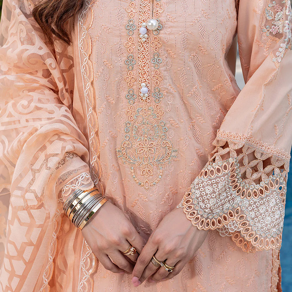 Peach Pure Cotton Schiffli Embroidered Farshi Shalwar Suit