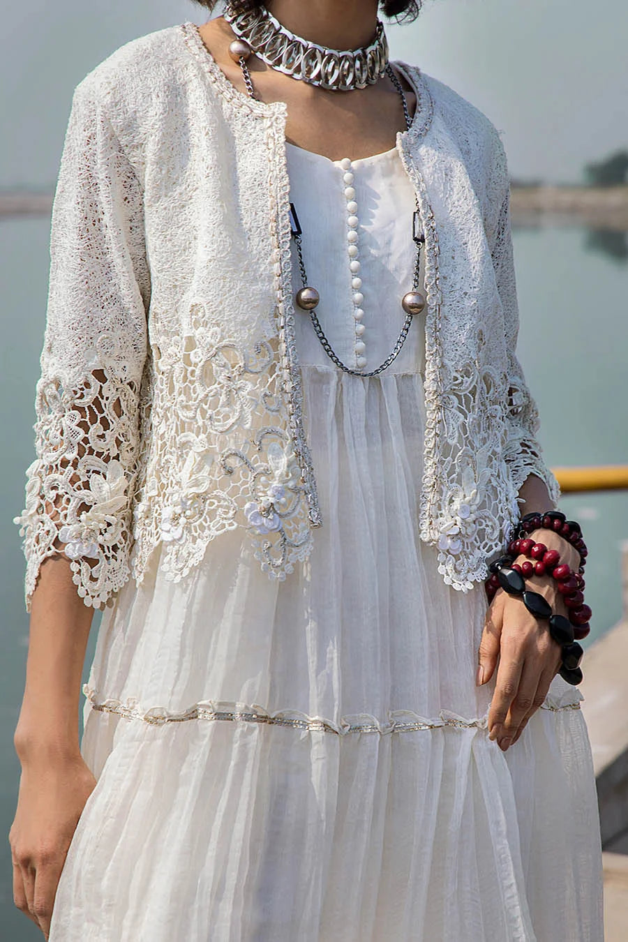 White Crocheted Maxi with 3D & Gota Work