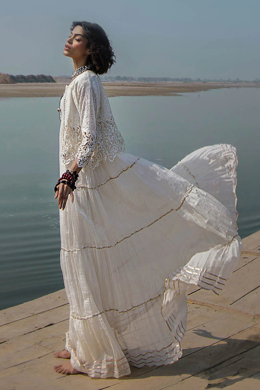 White Crocheted Maxi with 3D & Gota Work