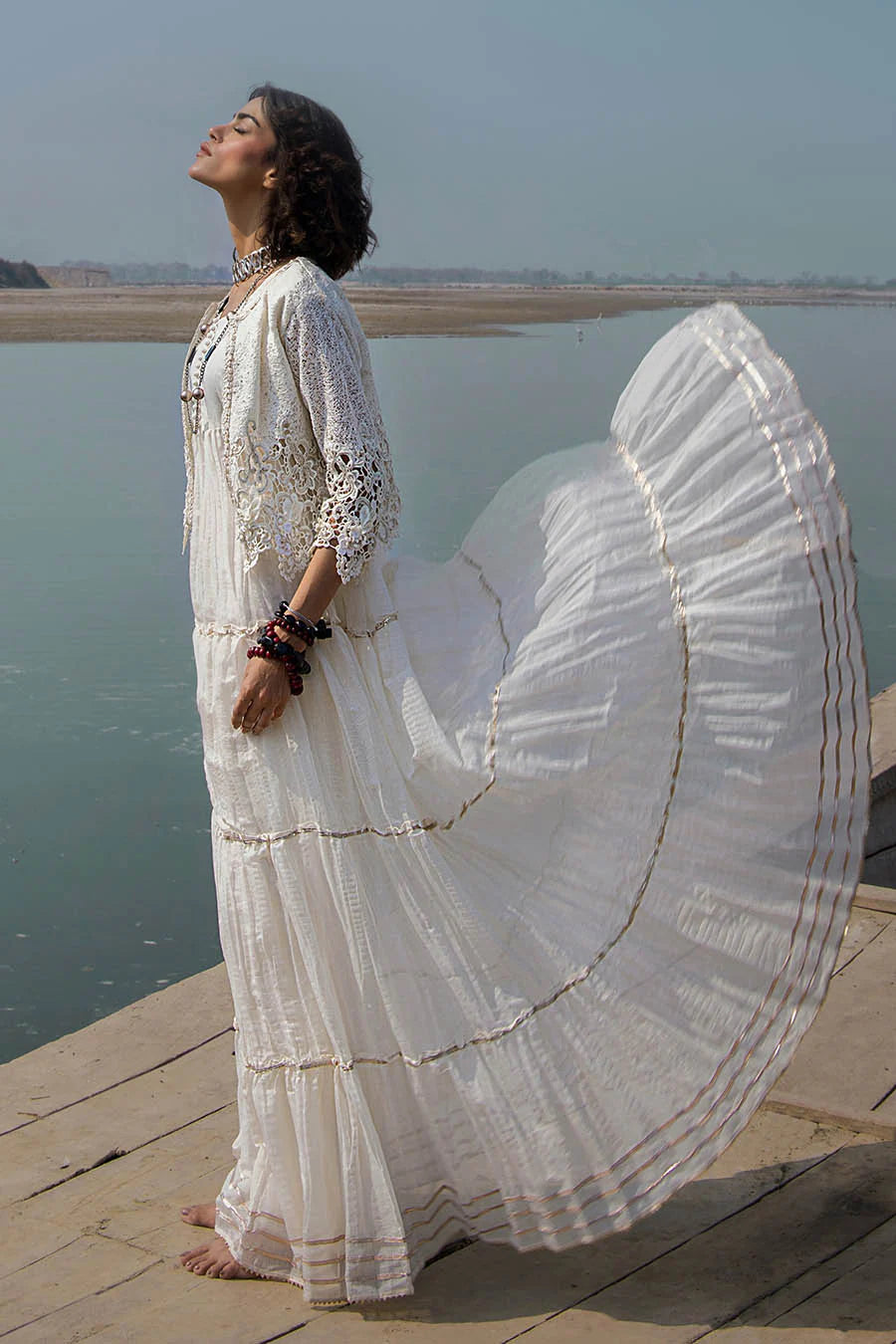 White Crocheted Maxi with 3D & Gota Work