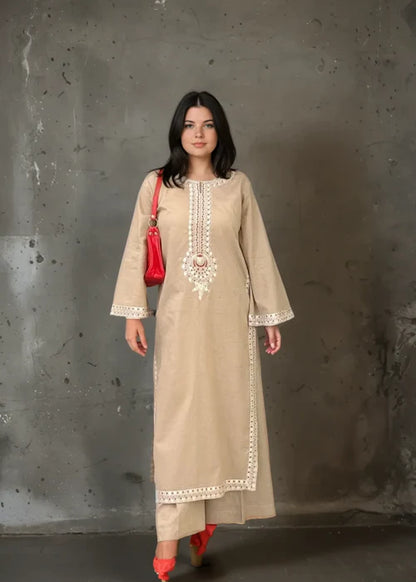 Beige Embroidered Winter Kurta Set