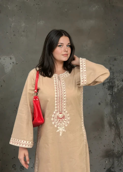 Beige Embroidered Linen Kurta Set