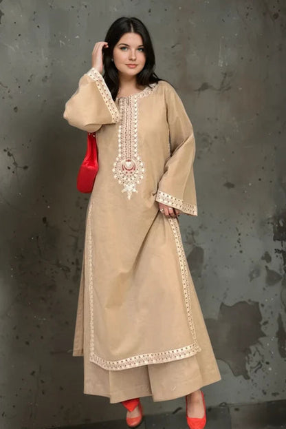 Beige Embroidered Winter Kurta Set