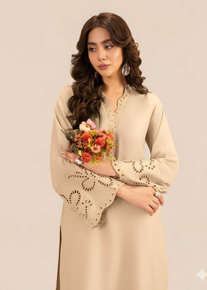 Beige Embossed Dhanak Winter Kurta Set