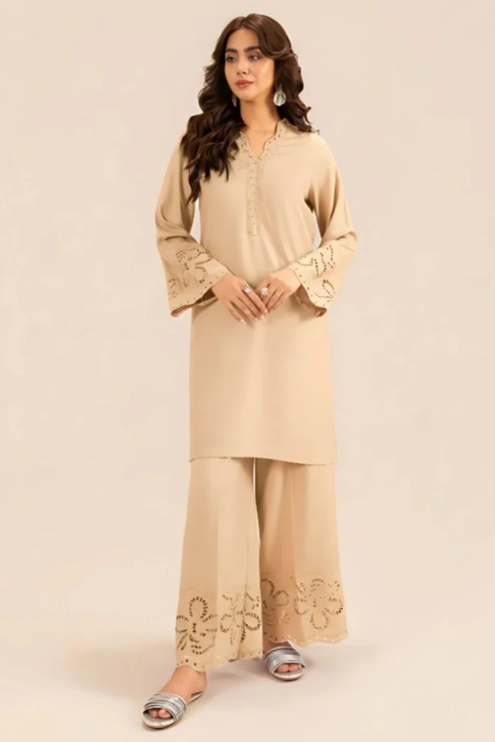 Beige Embossed Dhanak Winter Kurta Set
