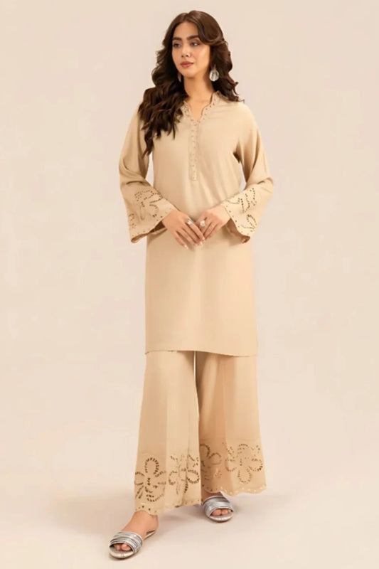 Beige Embossed Dhanak Winter Kurta Set