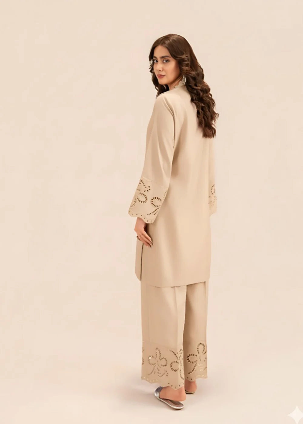 Beige Embossed Dhanak Winter Kurta Set